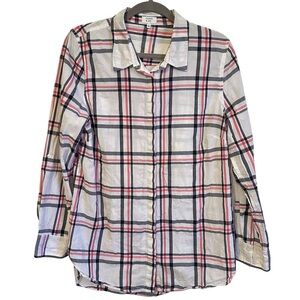 Crown & Ivy Thin Lizzy White Plaid Button Down Long Sleeve XL Gray White XL